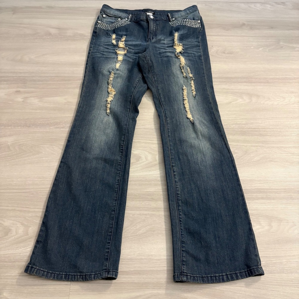 Venus Jeans Women Distressed Rhinestone Flare Dark Wash Ripped Denim Size 12